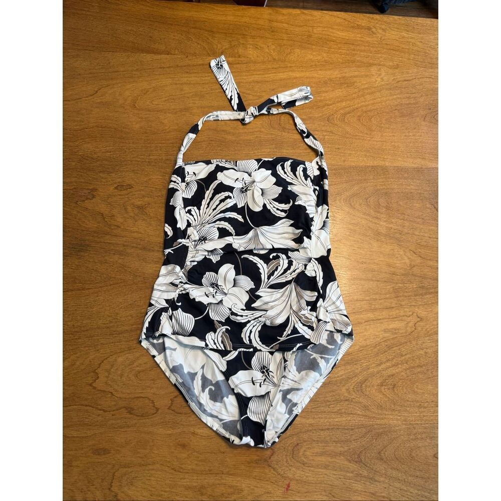 Tommy Bahama Women’s Floral Ruched Halter One-Piece Swimsuit Black White Size 12